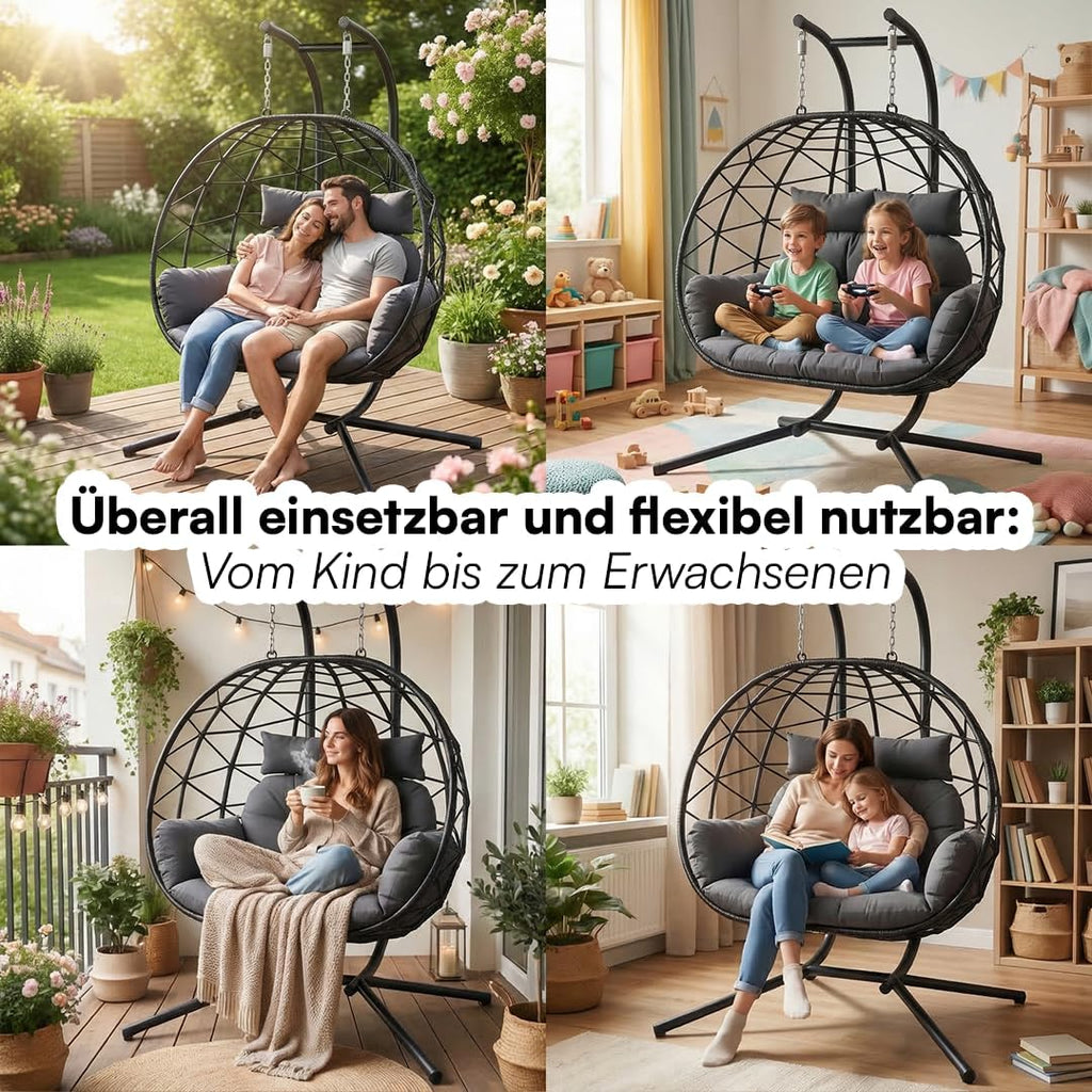 Hängesessel für 2 Personen P-SS-0063-18-01 XXL Hängestuhl mit Gestell und Sitzpolster höhenverstellbar faltbar bis 220 kg
