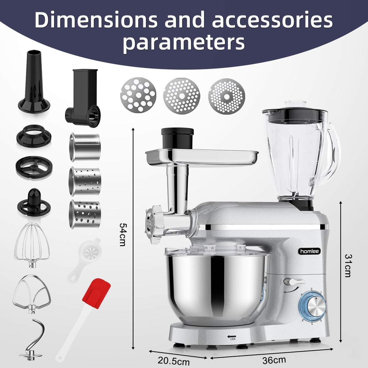 3 in 1 Küchenmaschine 2000W 5,5L Schüssel mit Fleischwolf und 1,5L Mixer 6 Geschwindigkeiten SM-1518BM
