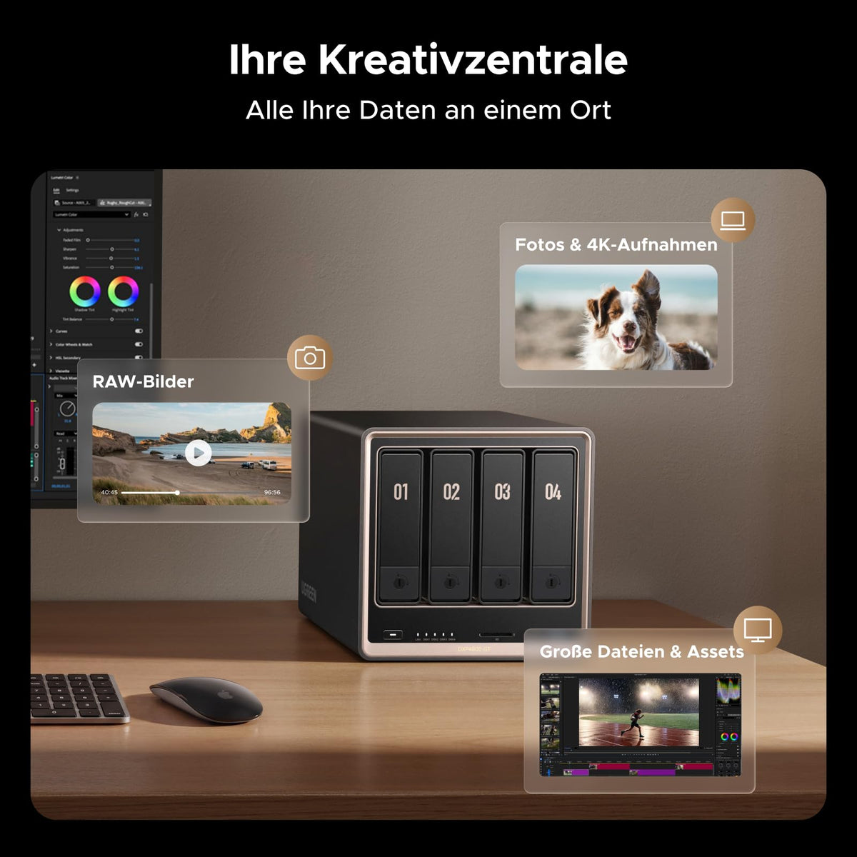 4-Bay NAS DXP4800 GT mit AMD Ryzen R2514 8GB DDR4 Dual 10GbE 4K HDMI 2x M.2 NVMe und U.2 Steckplätzen