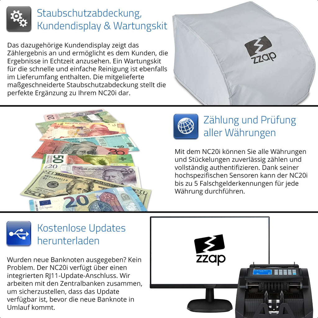 Banknotenzähler NC20i mit 5-facher Falschgelderkennung 1000 Banknoten pro Minute für sortierte Banknoten