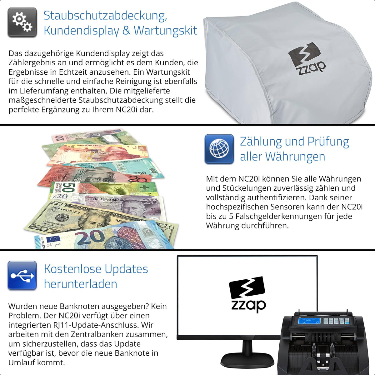 Banknotenzähler NC20i mit 5-facher Falschgelderkennung 1000 Banknoten pro Minute für sortierte Banknoten