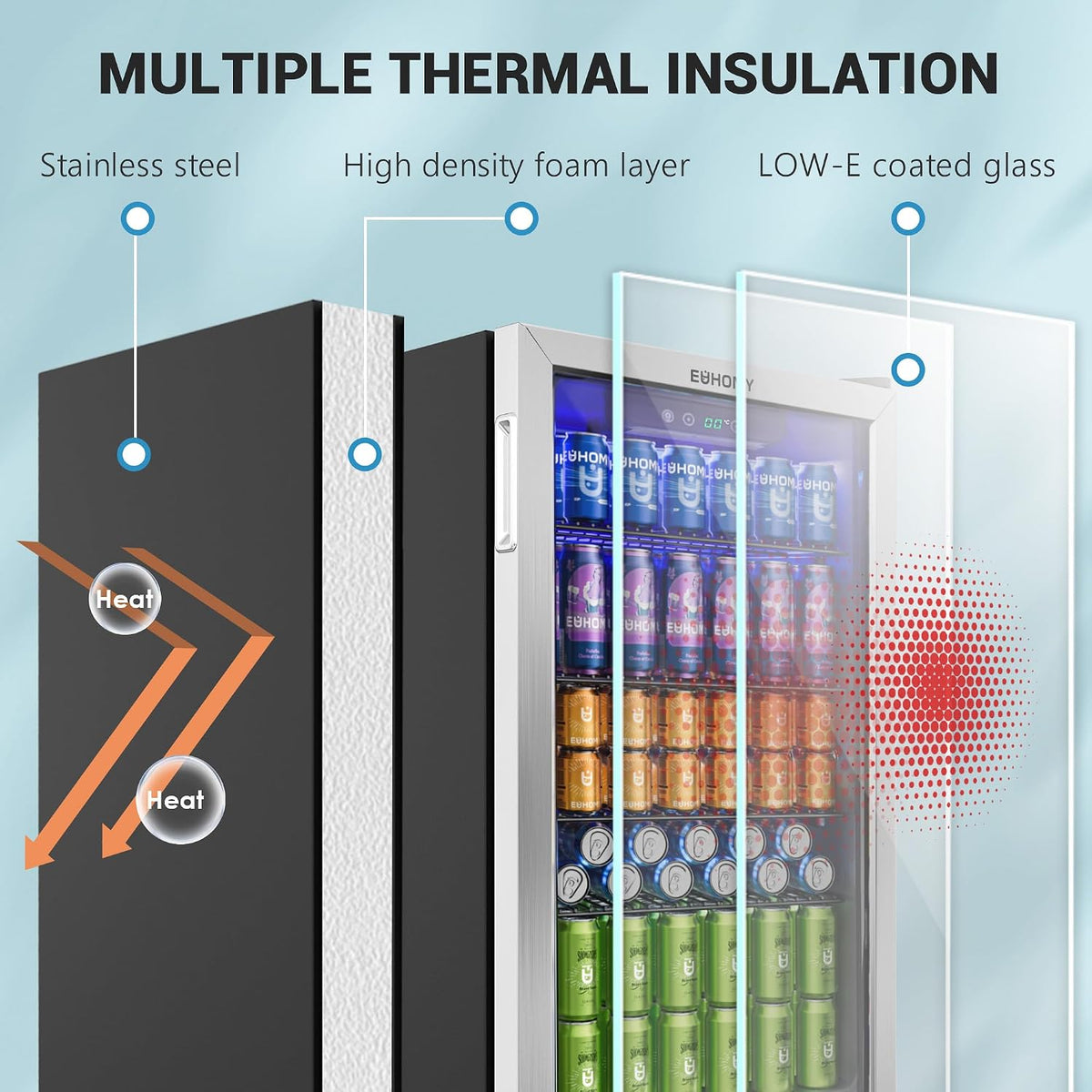 Getränkekühlschrank JC-90VEL-F 90L für 126 Dosen mit Glastür digitaler Temperaturregelung 4 verstellbaren Ablagen Silber