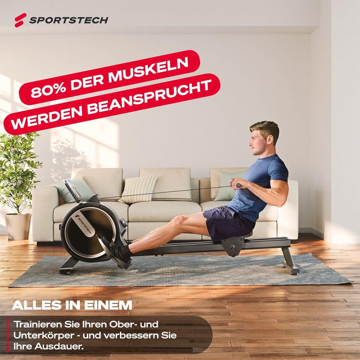 Rudergerät Magnetwiderstand PROwer BL 32 Stufen LED Display Bluetooth klappbar Dual Rail für Zuhause