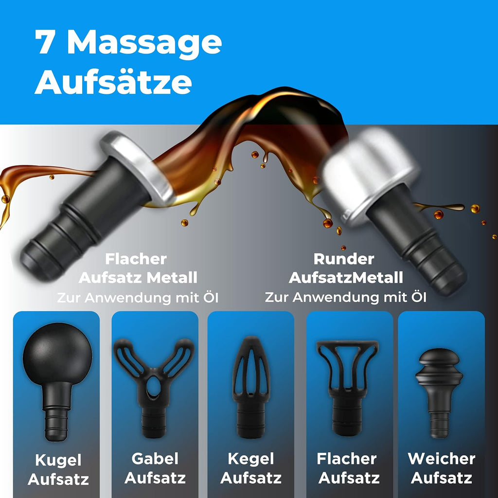 Massagepistole OrthoGun 3.0 160W 5 Intensitäten 7 Aufsätze Akku 360 Min Laufzeit inkl Koffer