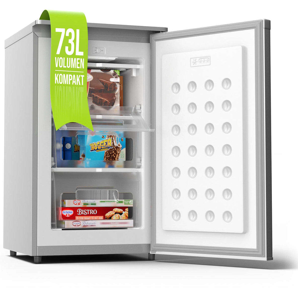 Mini Gefrierschrank 73L 4 Sterne GS-75.2-C freistehend 41 dB Energieklasse C 3 Fächer wechselbarer Türanschlag Silber