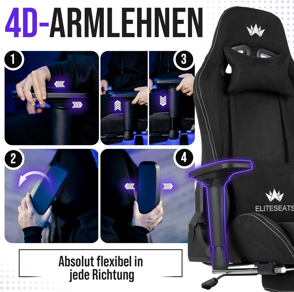 Gamingstuhl aus Stoff mit Fußstütze 4D Armlehnen Memory Foam Kissen und 150 kg Belastbarkeit
