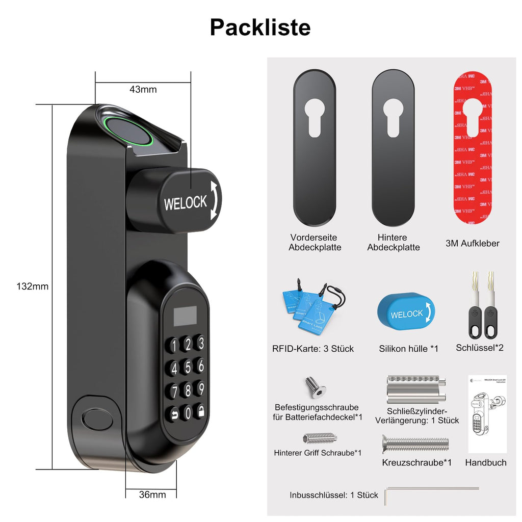 Türschloss mit Fingerabdruck und PIN U81 6-in-1 App RFID Bluetooth WLAN für EU-Profiltüren 50-90 mm