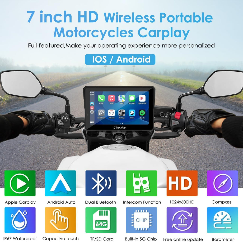 Motorrad Bildschirm W702 Pro 7 Zoll mit kabellosem CarPlay Android Auto Bluetooth Gegensprechfunktion und IP-Schutz