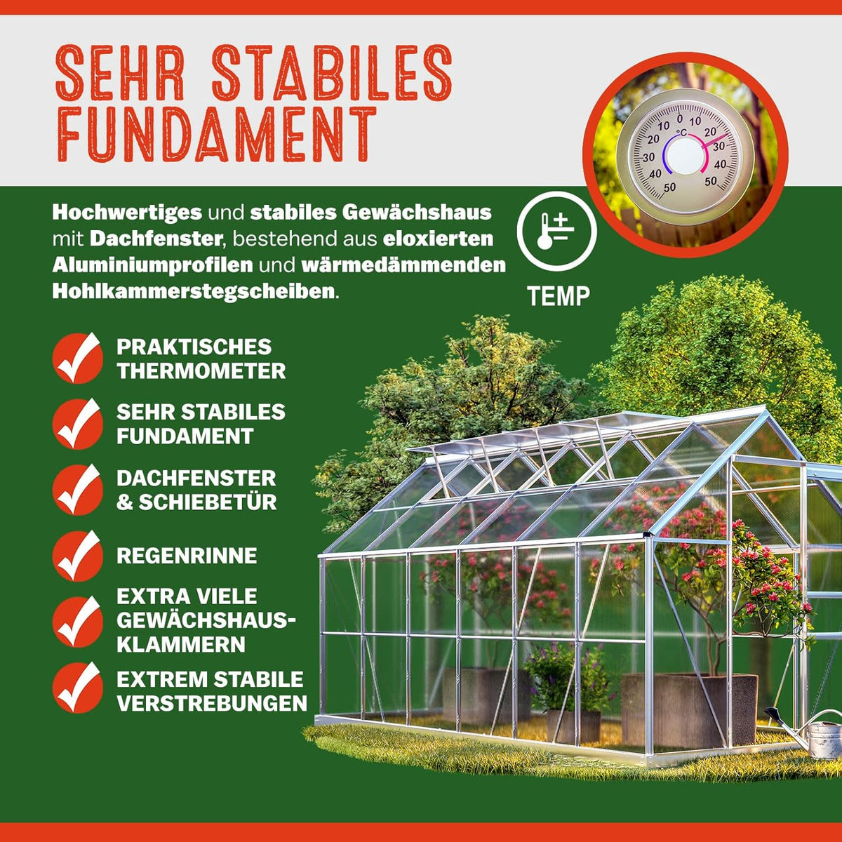 Aluminium Gewächshaus 7,2m² 380x190cm Treibhaus Polycarbonat 4mm 4 Dachfenster mit Fundament
