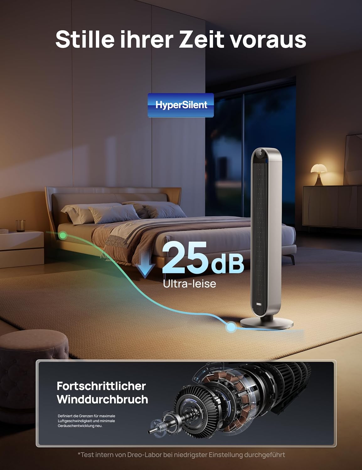 Turmventilator DR-HTF004S 108 cm mit 120° Oszillation 12 Geschwindigkeiten 25 dB WLAN App Steuerung und Timer