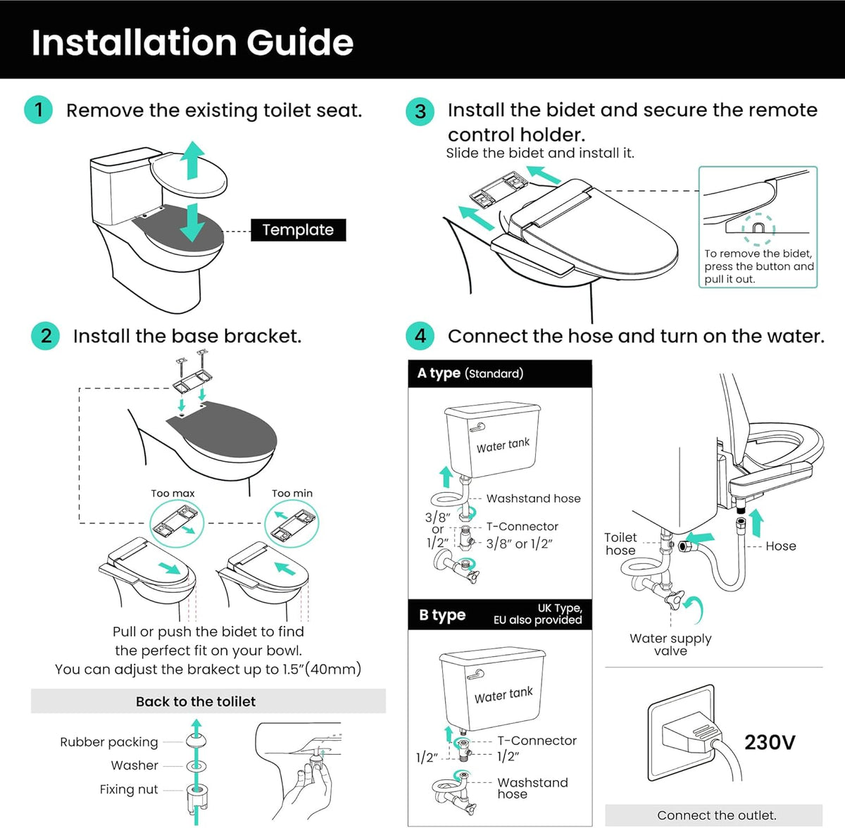 Elektronischer Bidet-Toilettensitz VB-4000SE Länglich mit Edelstahl-Selbstreinigungsdüse Sitzheizung Warmlufttrockner Nachtlicht Fernbedienung