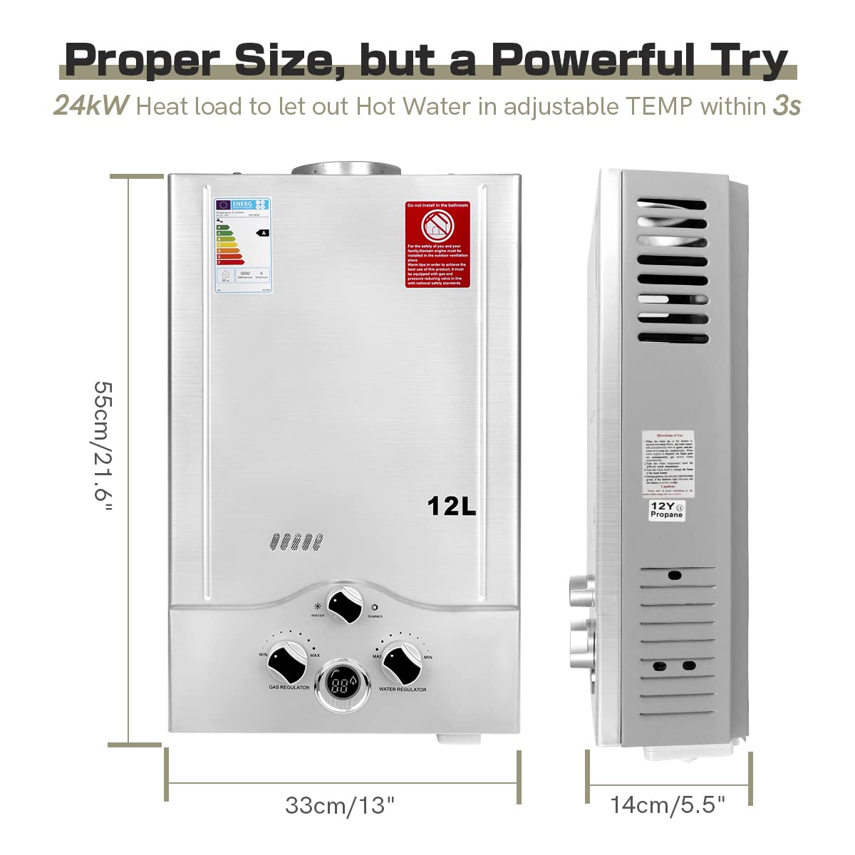 Gasdurchlauferhitzer 12 l/min 24 kW HR158DE LPG mit 0,2 bar Startwasserdruck für Propan und Butan