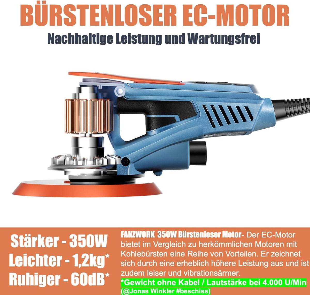 Exzenterschleifer 150 mm 350 W 5 mm Hub 7-stufige Drehzahlregelung bürstenlos mit Koffer und Zubehör Schleifmaschine