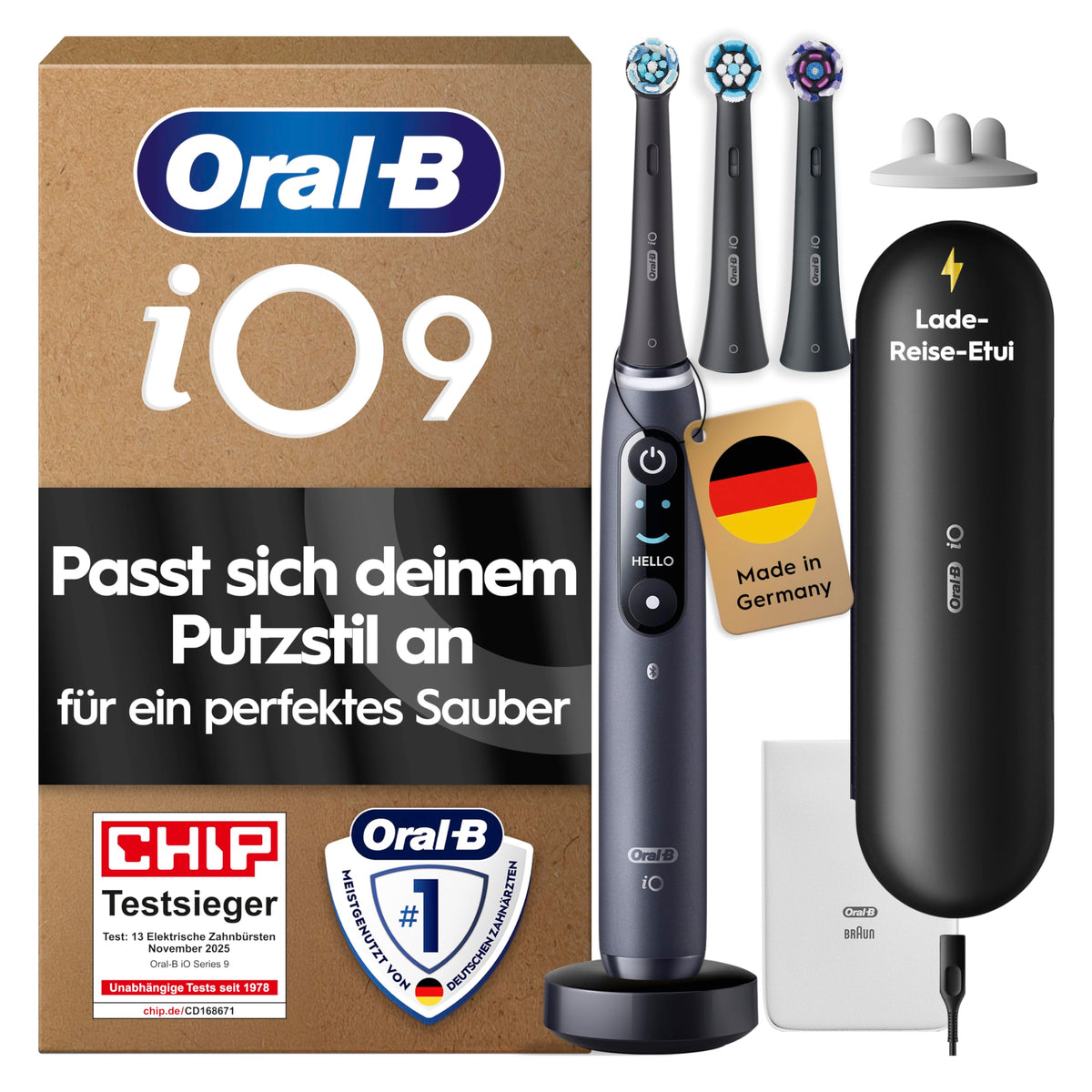 Elektrische Zahnbürste iO 9 mit 7 Putzmodi 3 Aufsteckbürsten Lade-Reise-Etui und visueller Andruckkontrolle
