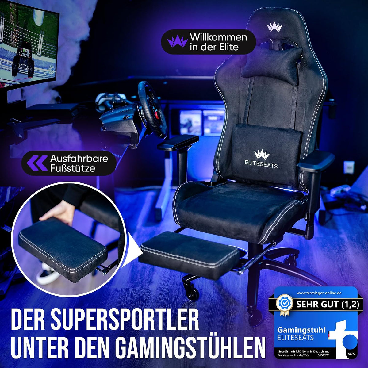 Gamingstuhl aus Stoff mit Fußstütze 4D Armlehnen Memory Foam Kissen und 150 kg Belastbarkeit