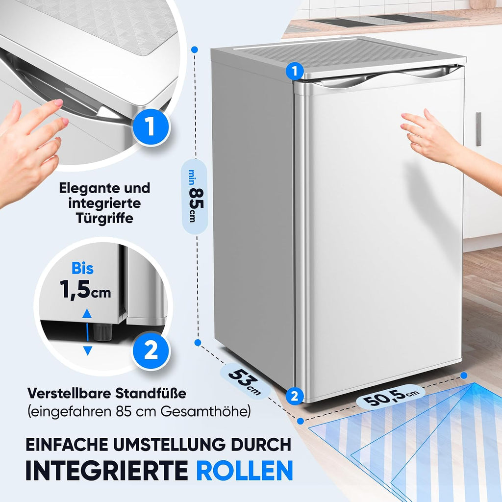 Mini Gefrierschrank 73L 4 Sterne GS-75.2-C freistehend 41 dB Energieklasse C 3 Fächer wechselbarer Türanschlag Silber