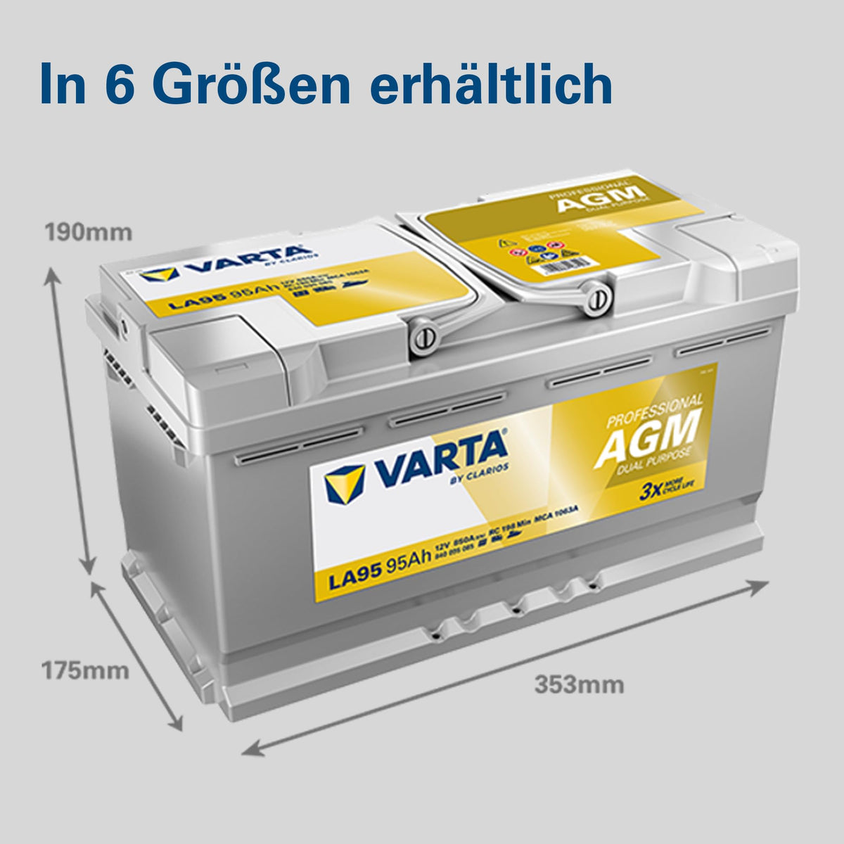 Professional Dual Purpose AGM Batterie 12V 95Ah 850A für Wohnmobil Wohnwagen und Boote wartungsfrei 353 x 190 x 175 mm