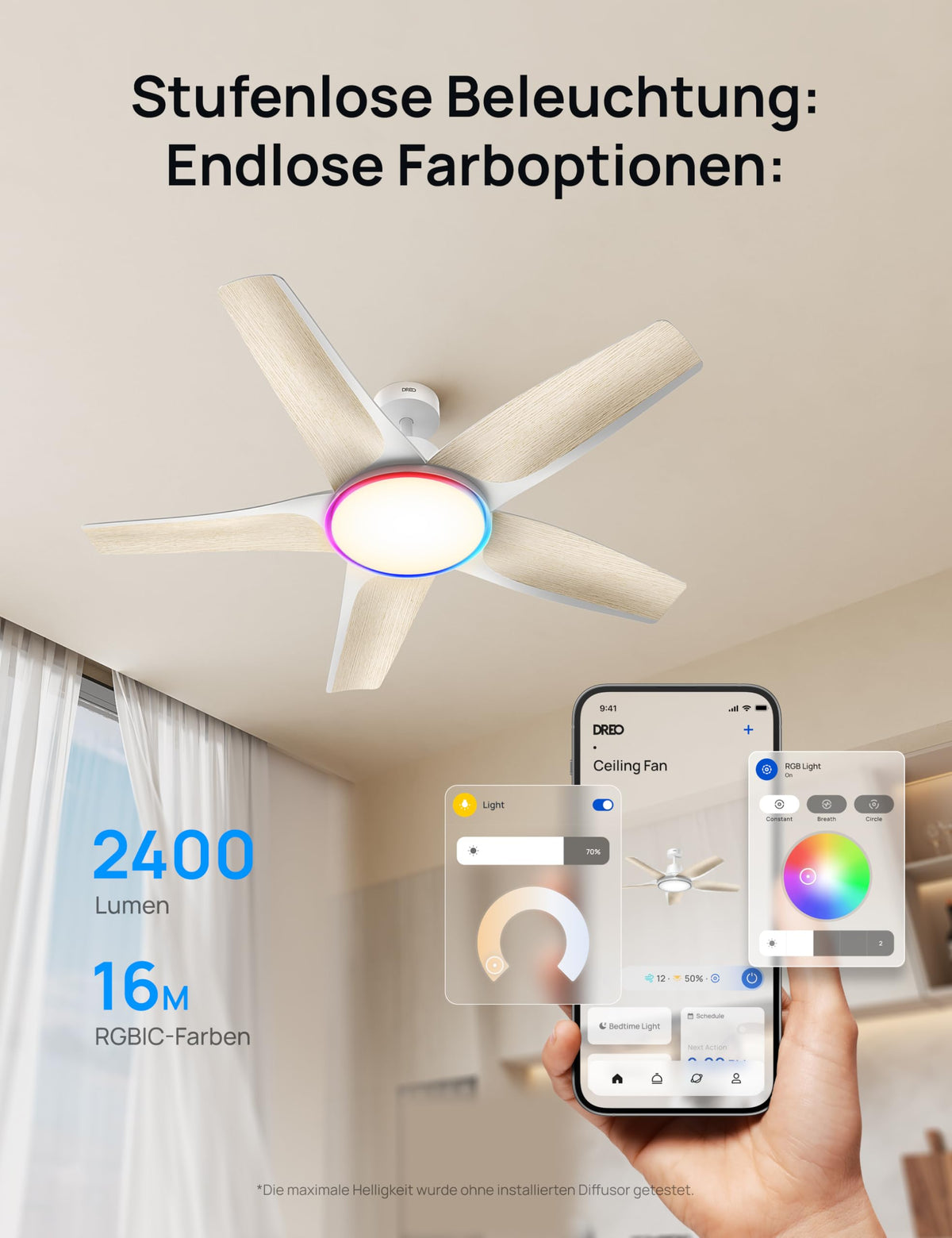 Deckenventilator mit LED Licht 132 cm dimmbar RGB Ambientlicht 54 W DC Motor App Alexa Steuerung