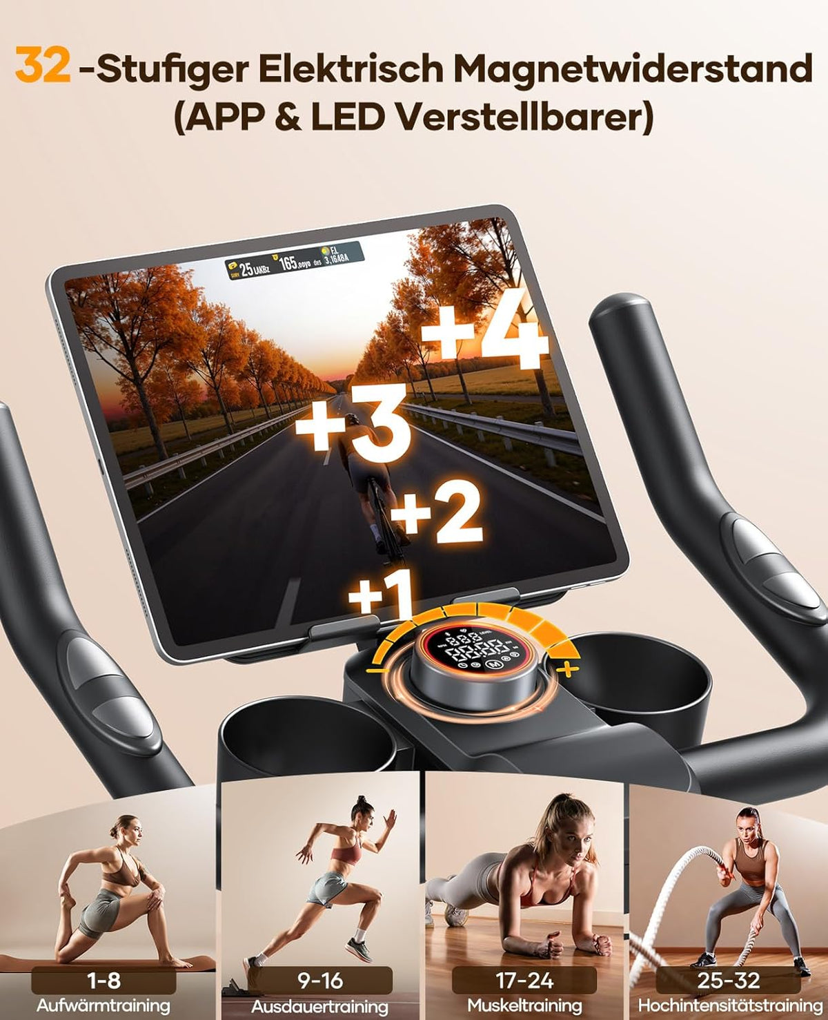 Heimtrainer Fahrrad TEB5 mit 32-stufigem Magnetwiderstand LED-Touchmonitor App-Anbindung Herzfrequenzmessung 150 kg