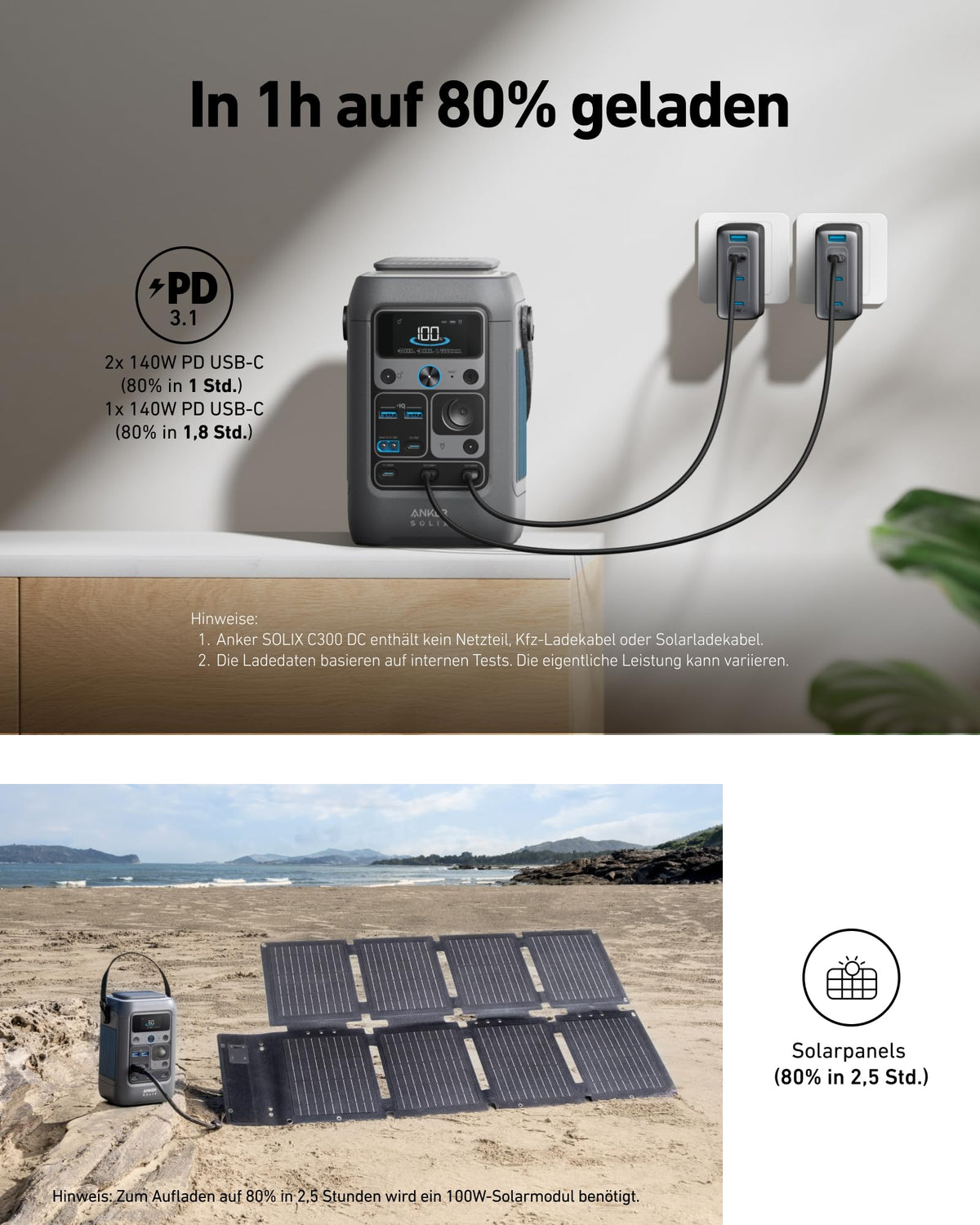 SOLIX C300 DC Powerbank Powerstation 288Wh Akku LiFePO4 300W für Camping Draußen Reisen