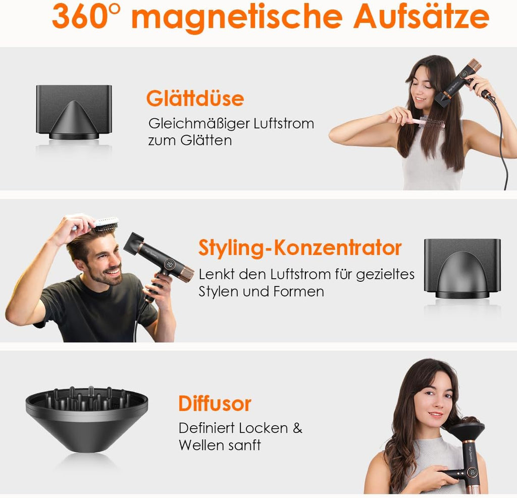 Haartrockner 1700W mit 110000 RPM bürstenlosem Motor LED-Display 200 Mio. Ionen 3 Magnetdüsen Schwarz Gold