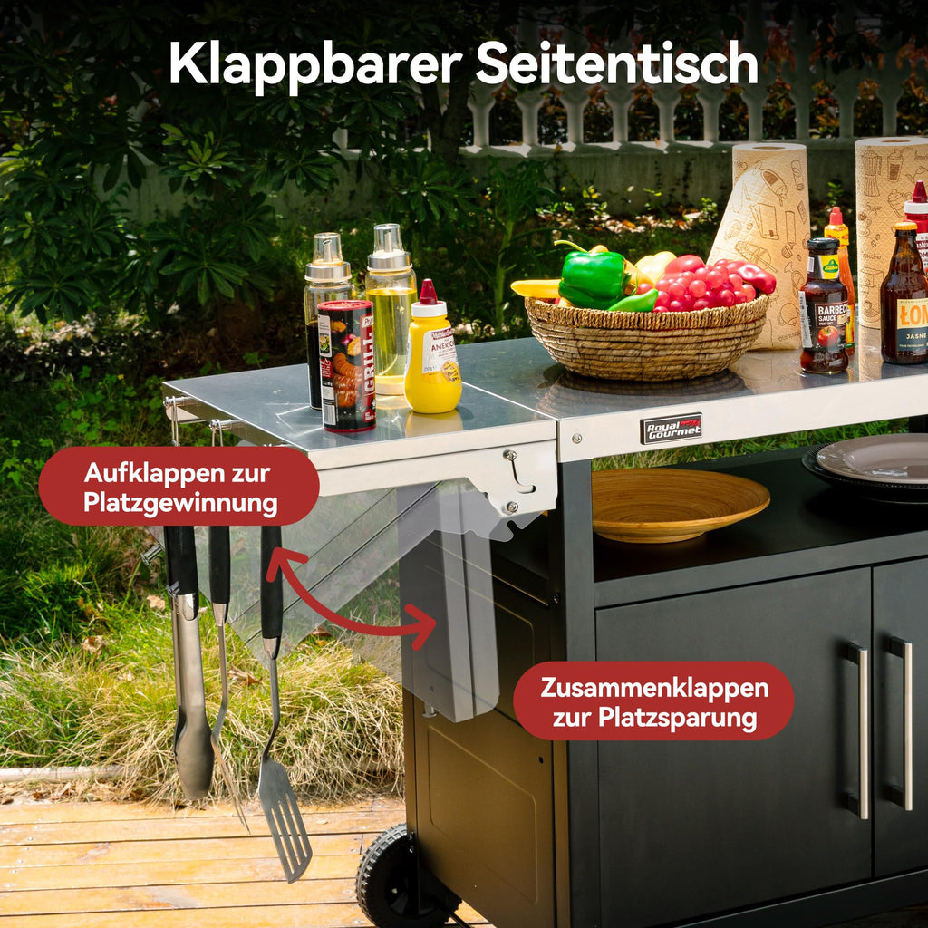Grillwagen mit Edelstahl-Tischplatte klappbarem Seitentisch Unterschrank Rollen 126,5 x 60 x 81 cm