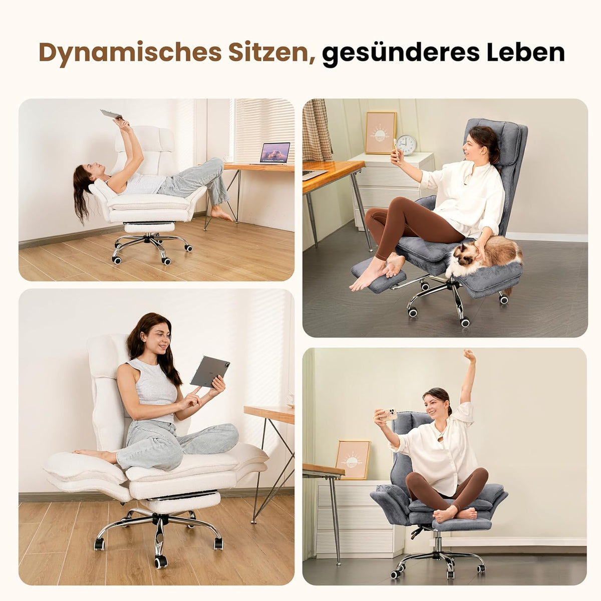 Bürostuhl mit Fußstütze verstellbare Rückenlehne 135° breiter Sitz Teddy-Stoff Drehstuhl für Home Office Lesen Entspannen