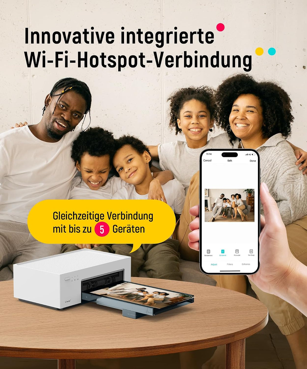 Fotodrucker 10x15 cm tragbar DHP513 Farbstoffsublimation 300 DPI WLAN USB kompatibel mit Smartphone PC inkl Fotopapier und Patrone