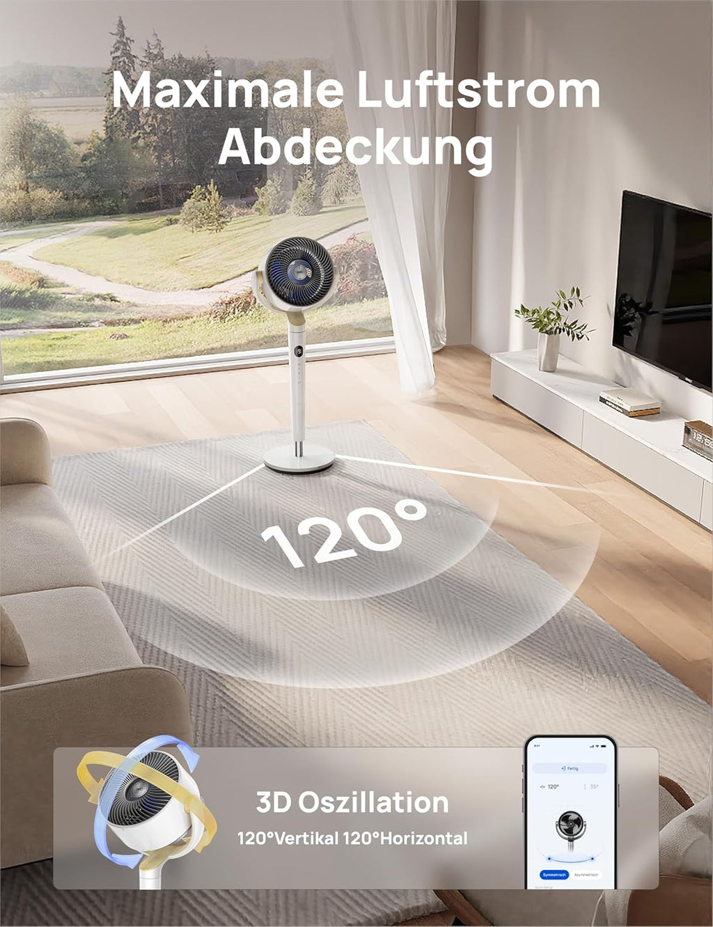 Standventilator mit Oszillation und App-Steuerung DR-HPF008S 120°+120° 9 Stufen 20 dB 89 cm Höhe Timer LED Licht Weiß