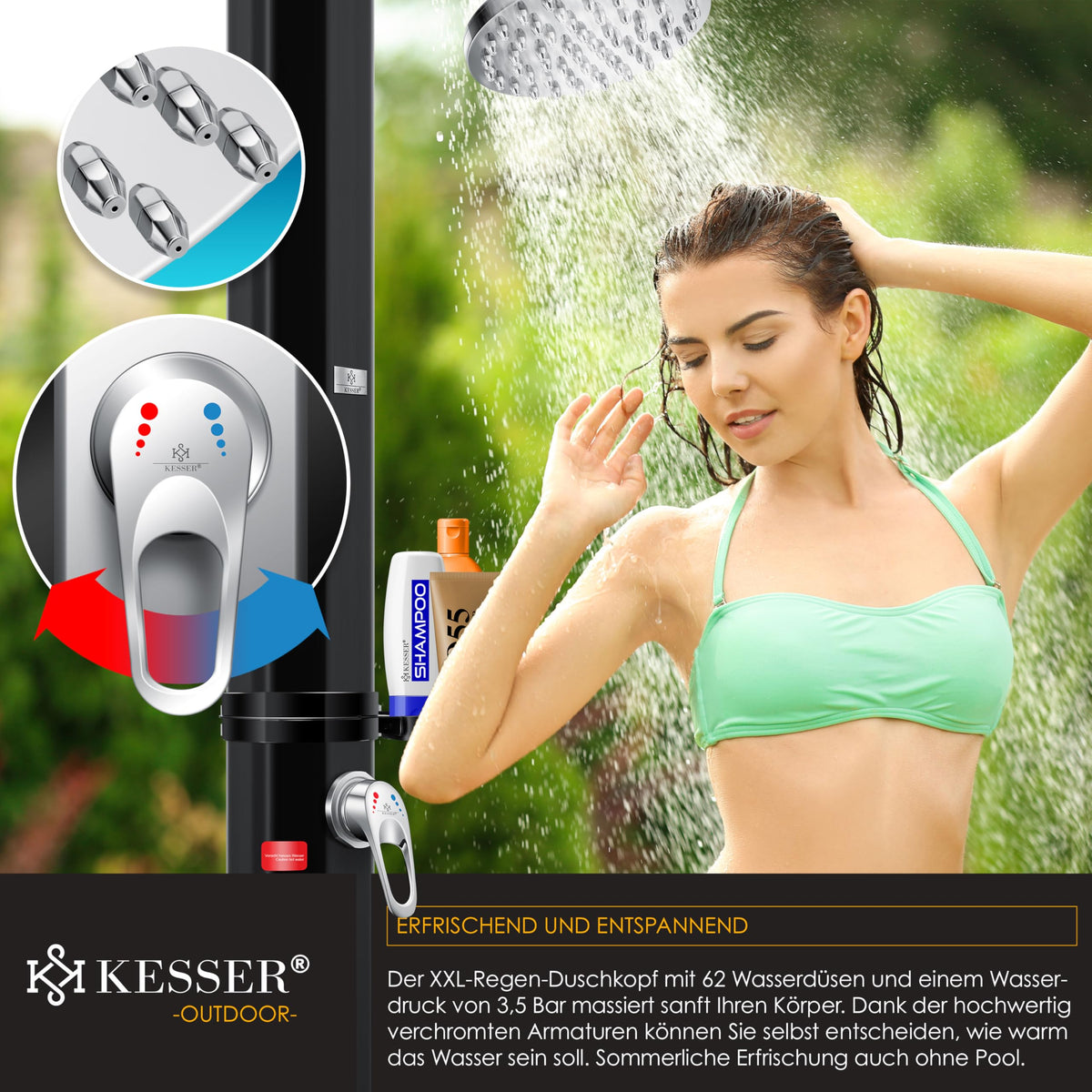 Solardusche 60 L für Garten und Pool mit 60 °C Wassertemperatur 62 Düsen 360° Regenduschkopf Wasserhahn Ablage und Schutzhaube