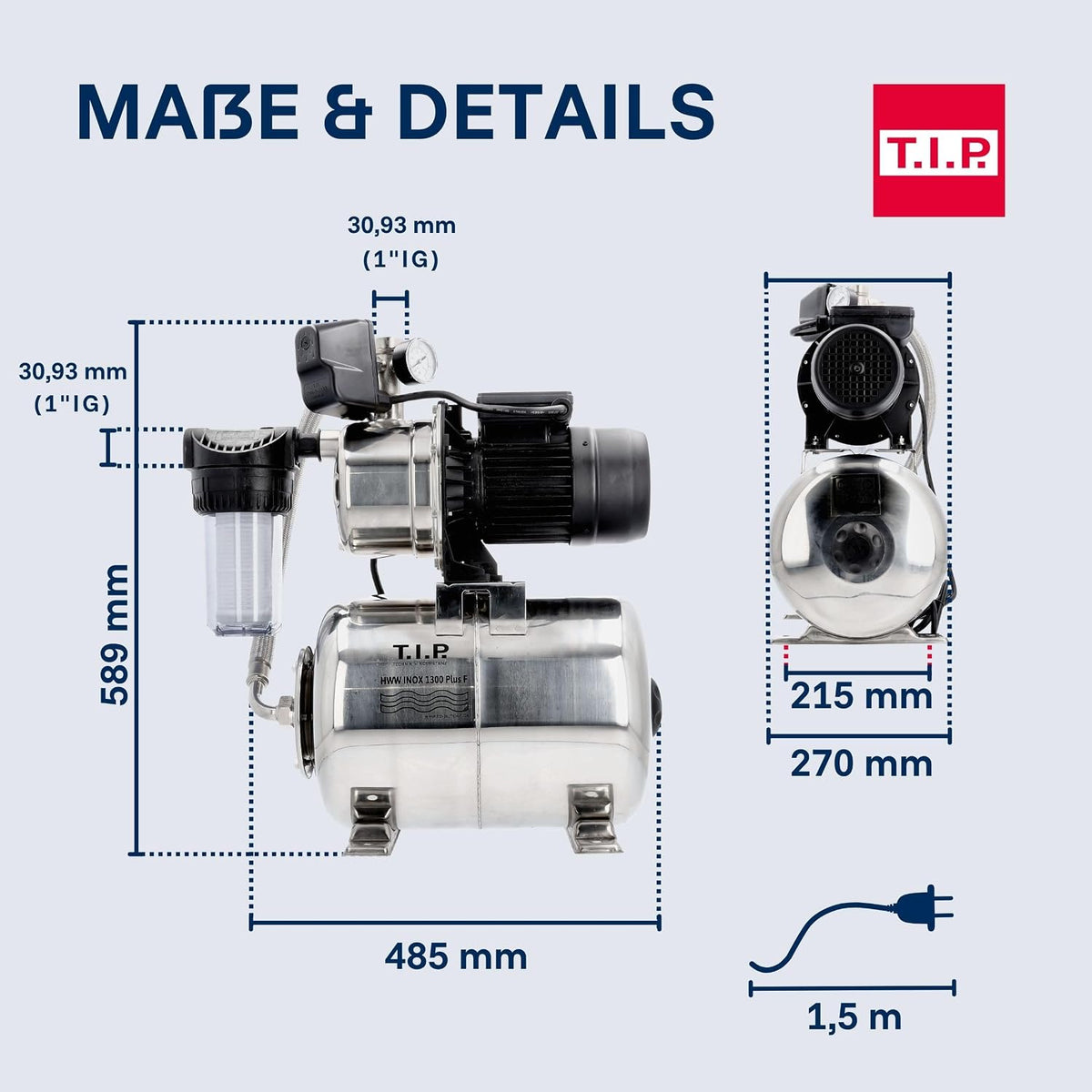 Hauswasserwerk Edelstahl Druckkessel 1300 Plus F 1200W 4350 l/h 50 m Förderhöhe Vorfilter 31155
