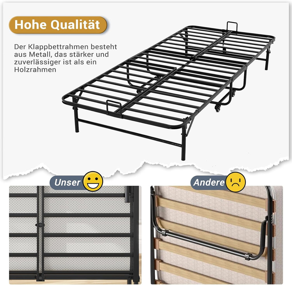Klappbett Gästebett 90x200 cm mit 10 cm Schaumstoffmatratze Metallrahmen klappbar mit 4 Rollen bis 200 kg