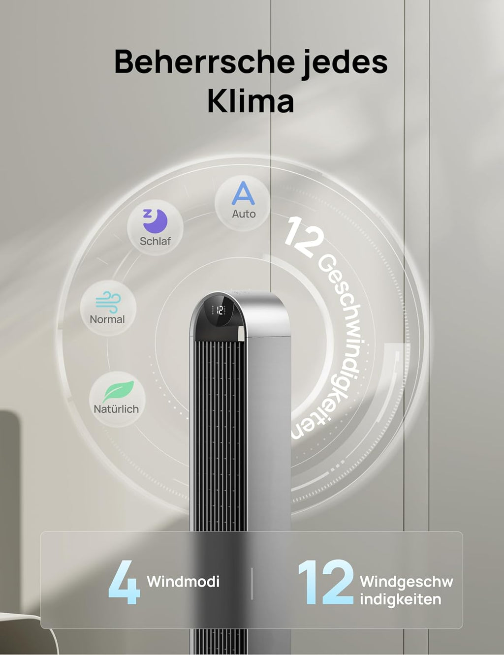Turmventilator DR-HTF004S 108 cm mit 120° Oszillation 12 Geschwindigkeiten 25 dB WLAN App Steuerung und Timer
