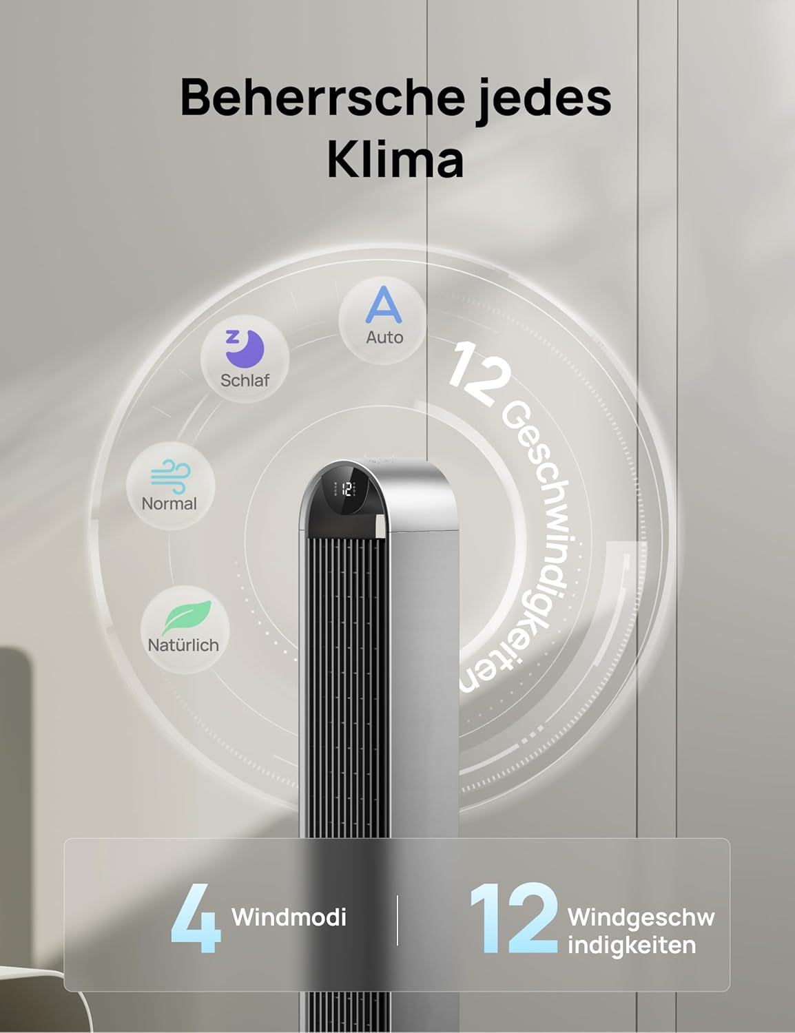 Turmventilator DR-HTF004S 108 cm mit 120° Oszillation 12 Geschwindigkeiten 25 dB WLAN App Steuerung und Timer