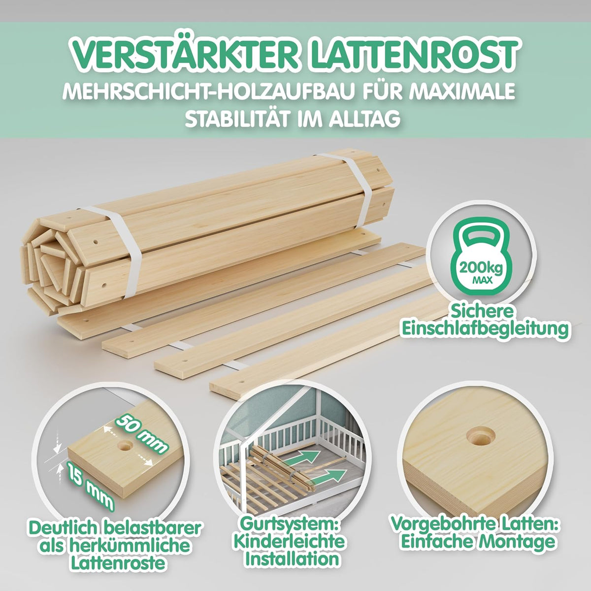 Bodenbett 90x200 cm Montessori Kinderbett Massivholz Kiefer mit Rausfallschutz und Roll-Lattenrost bis 200 kg