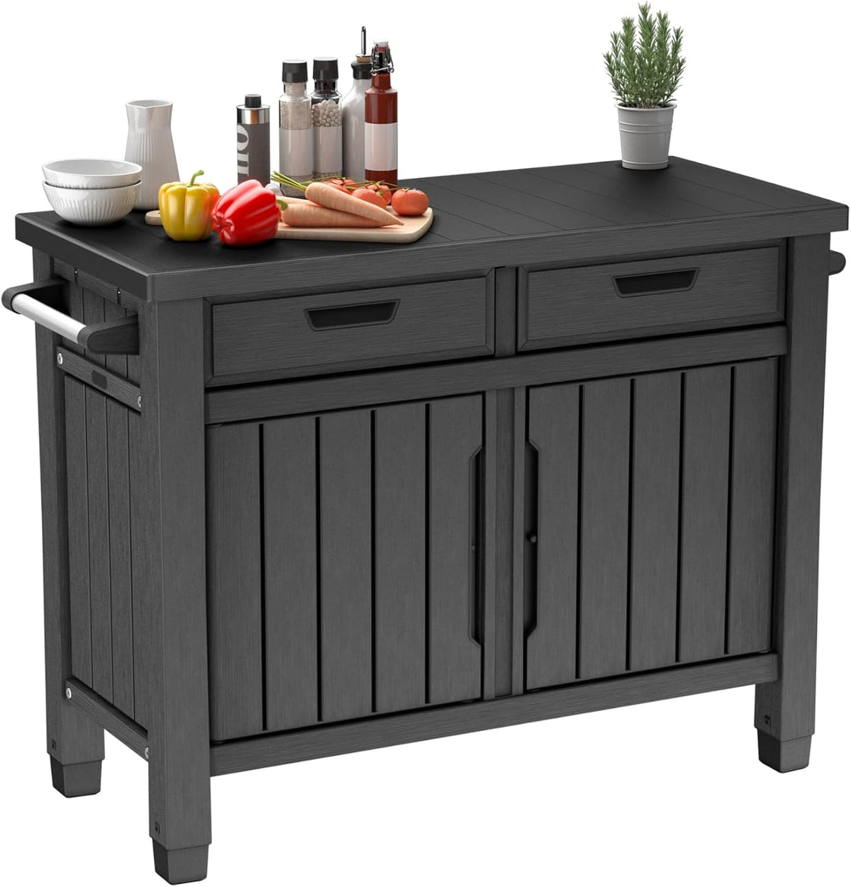 Grilltisch Beistelltisch XXL 22634 124x52x90 cm Kunstharz Holzoptik Outdoor Servicetisch mit Stauraum 2 Schubladen