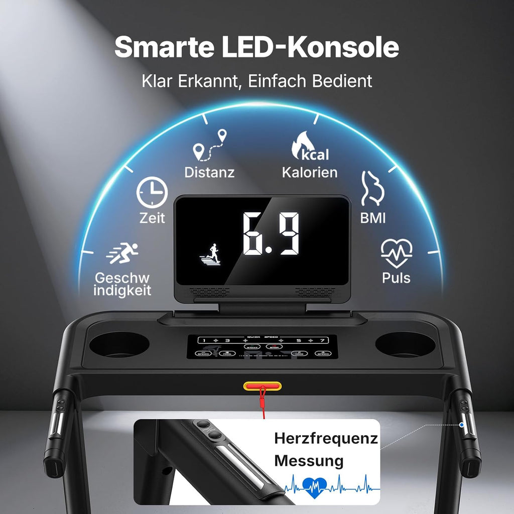 Laufband klappbar mit Steigung MR-T12B2 0–15% Neigung 0.8–12 km/h 136 kg Tragkraft 42×108 cm Lauffläche App Steuerung
