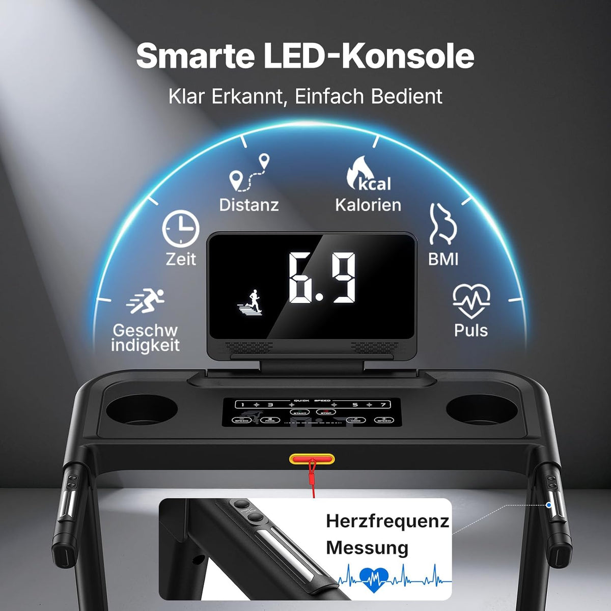 Laufband klappbar mit Steigung MR-T12B2 0–15% Neigung 0.8–12 km/h 136 kg Tragkraft 42×108 cm Lauffläche App Steuerung