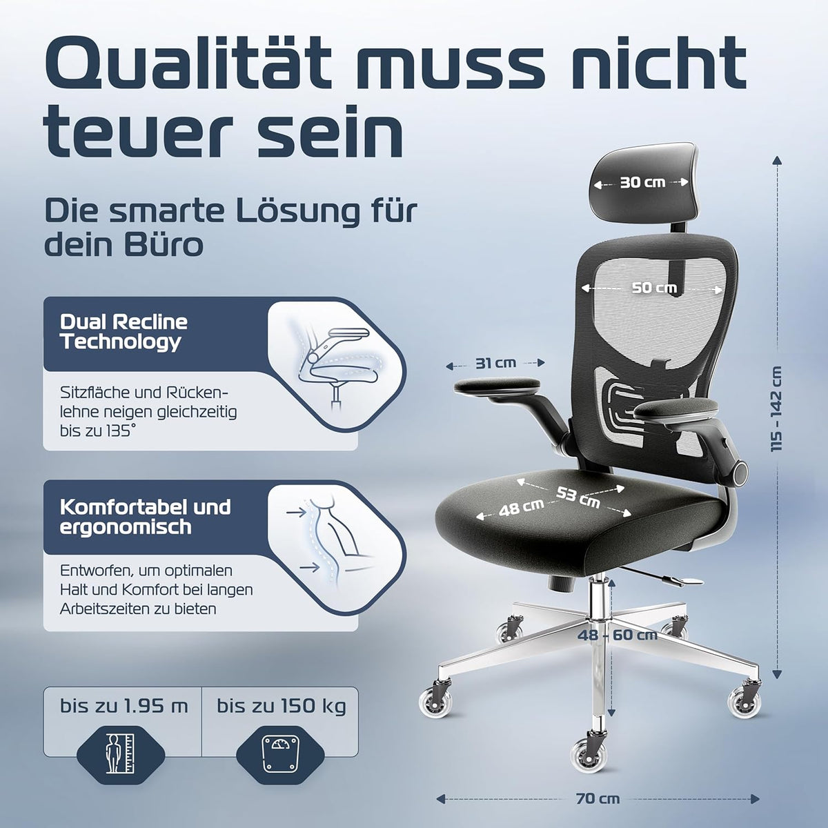Ergonomischer Bürostuhl SmartSeat mit Kopfstütze Armlehnen Lendenstütze Mesh und 150 kg Belastbarkeit