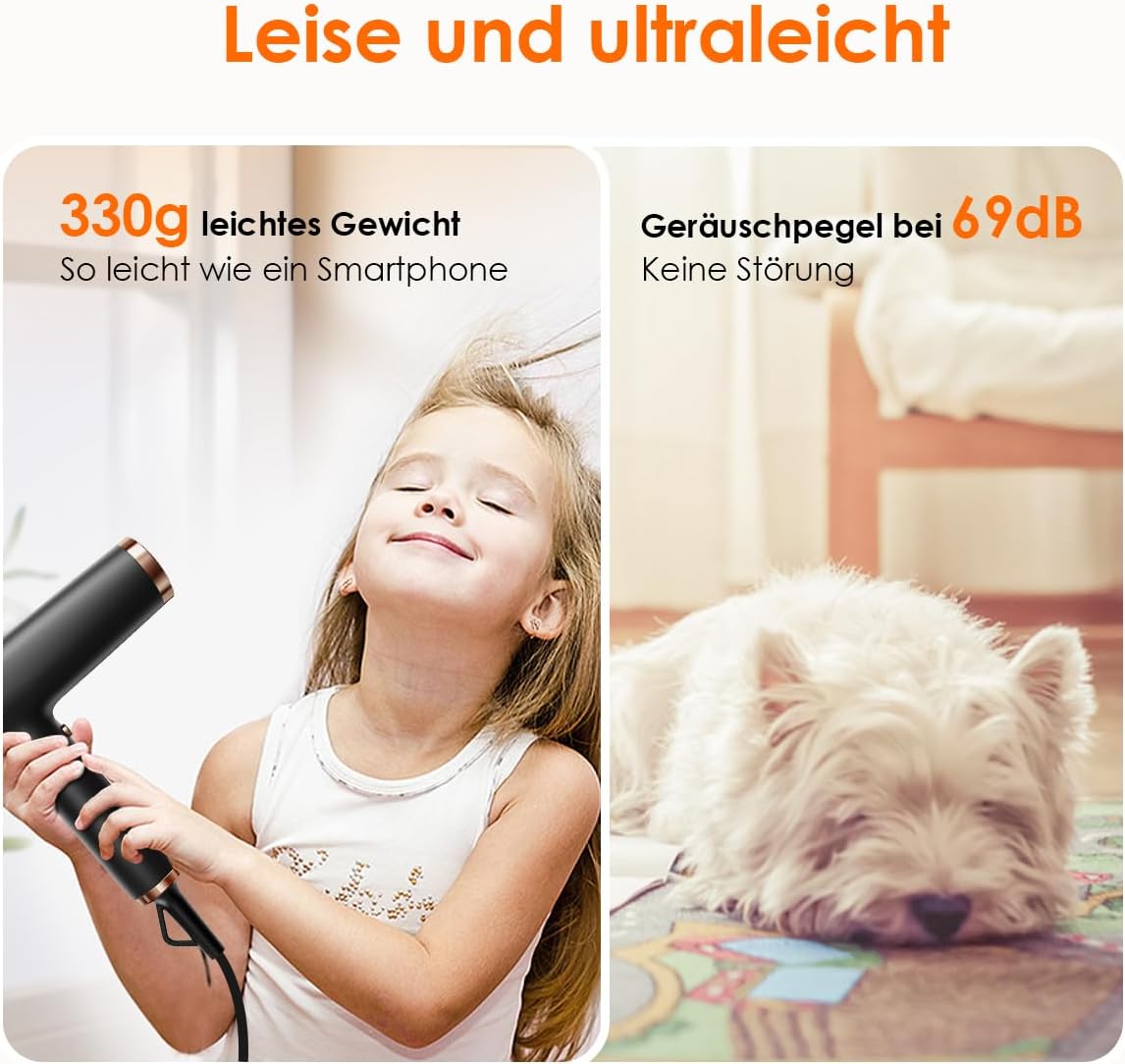 Haartrockner 1700W mit 110000 RPM bürstenlosem Motor LED-Display 200 Mio. Ionen 3 Magnetdüsen Schwarz Gold