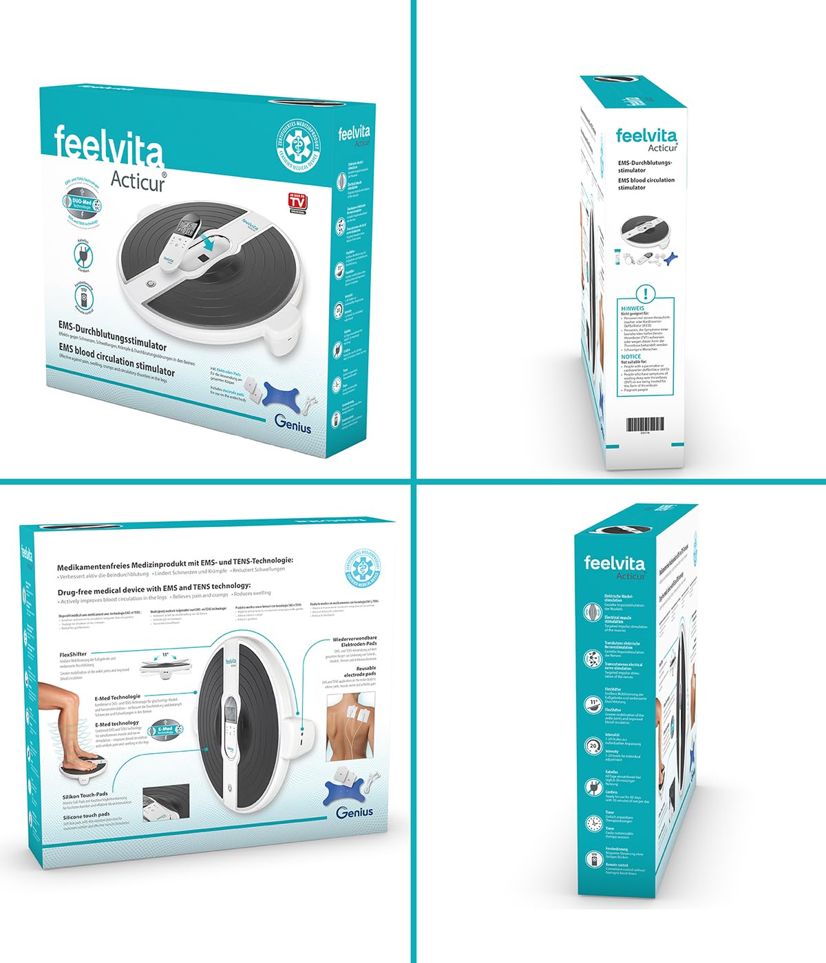 Feelvita Acticur EMS TENS Durchblutungsstimulator für Füße Beine und Knie 11-teilig mit 9 Programmen 20 Intensitätsstufen