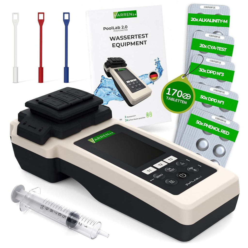 PoolLab 2.0 electronic pool tester photometer water testing kit pH chlorine 170 tablets DPD1 DPD3 phenol red CYA alkalinity