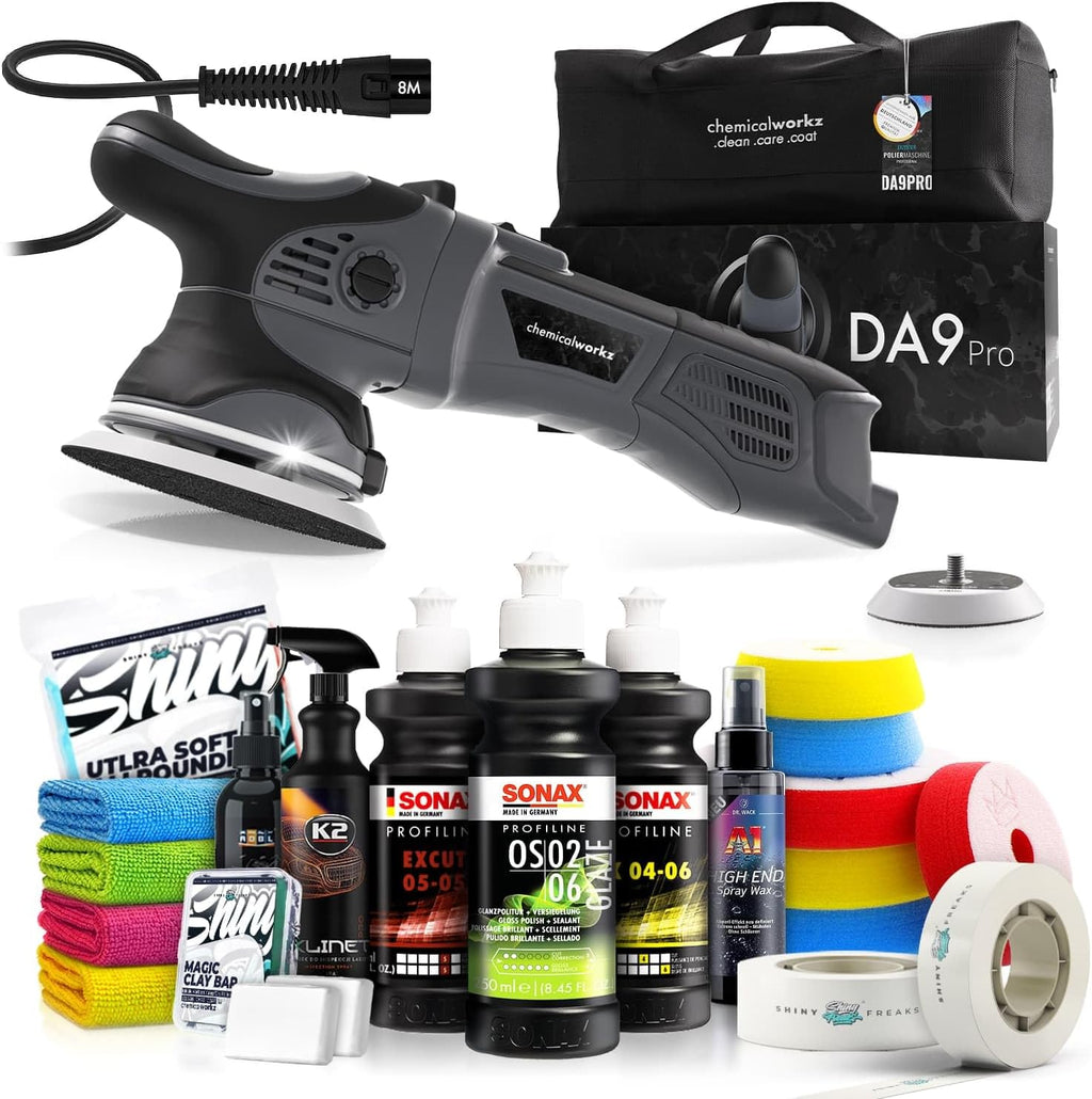 Exzenter Poliermaschinen Set 750W DA9 Pro 9mm Hub 20-teilig mit Politur Polierpads Lackversiegelung Zubehör