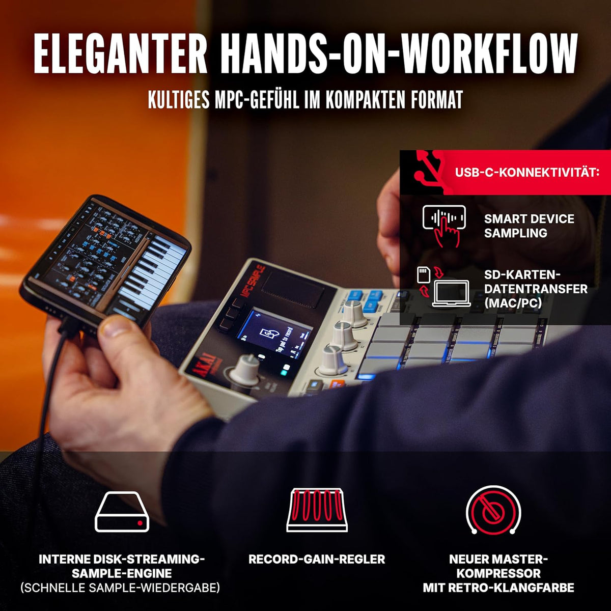 Standalone Sampler Sequenzer und Effektprozessor MPCSAMPLE mit Akku USB-C integriertem Lautsprecher und Mikrofon