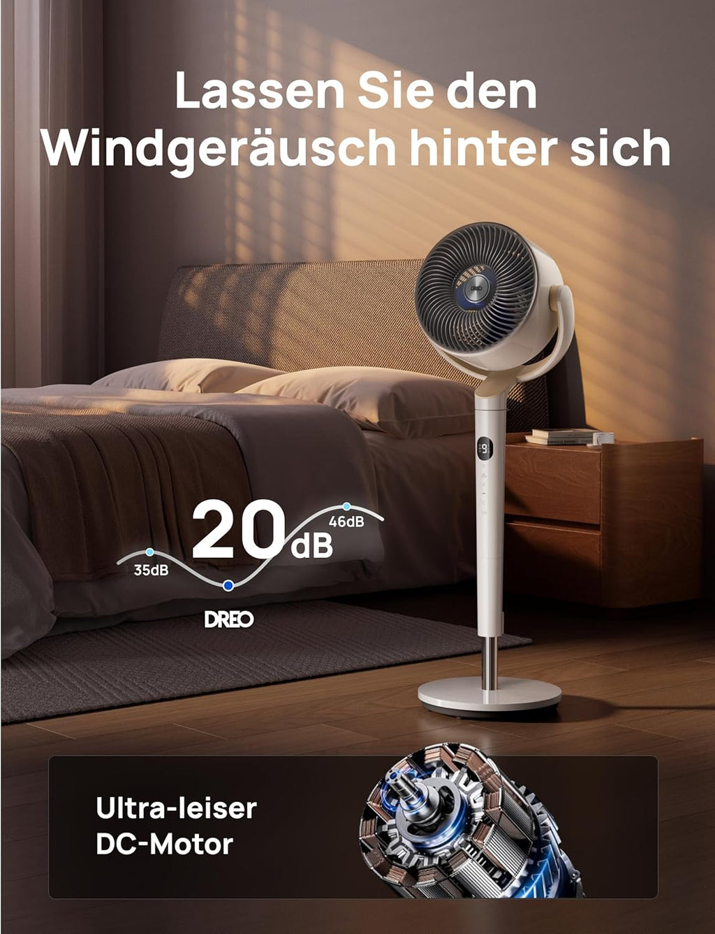 Standventilator mit Oszillation und App-Steuerung DR-HPF008S 120°+120° 9 Stufen 20 dB 89 cm Höhe Timer LED Licht Weiß