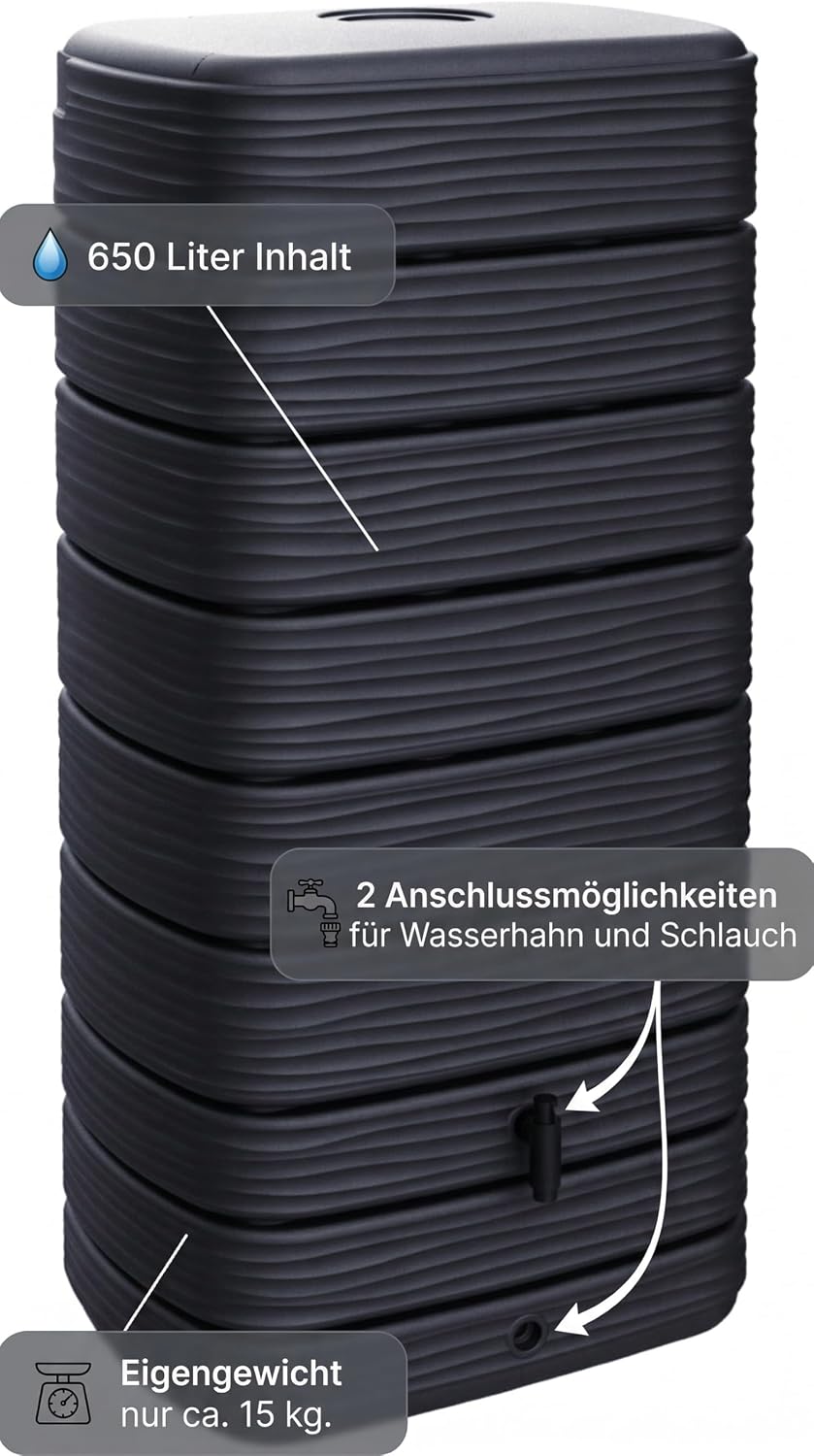 Regenwasser Wandtank Eco 650L Anthrazit Kunststoff rechteckig Wandmontage mit Wasserhahn 79x57x168 cm