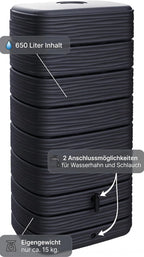 Regenwasser Wandtank Eco 650L Anthrazit Kunststoff rechteckig Wandmontage mit Wasserhahn 79x57x168 cm