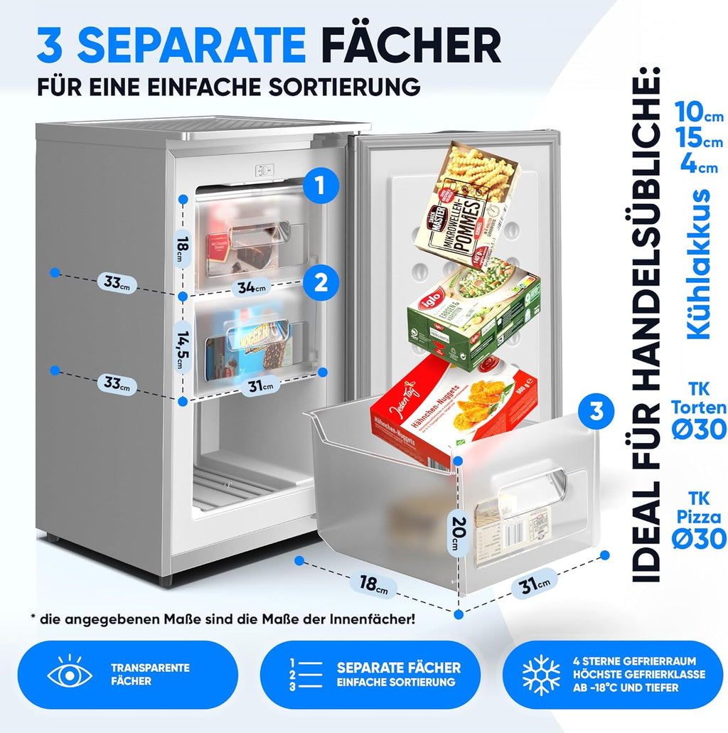 Mini Gefrierschrank 73L 4 Sterne GS-75.2-C freistehend 41 dB Energieklasse C 3 Fächer wechselbarer Türanschlag Silber