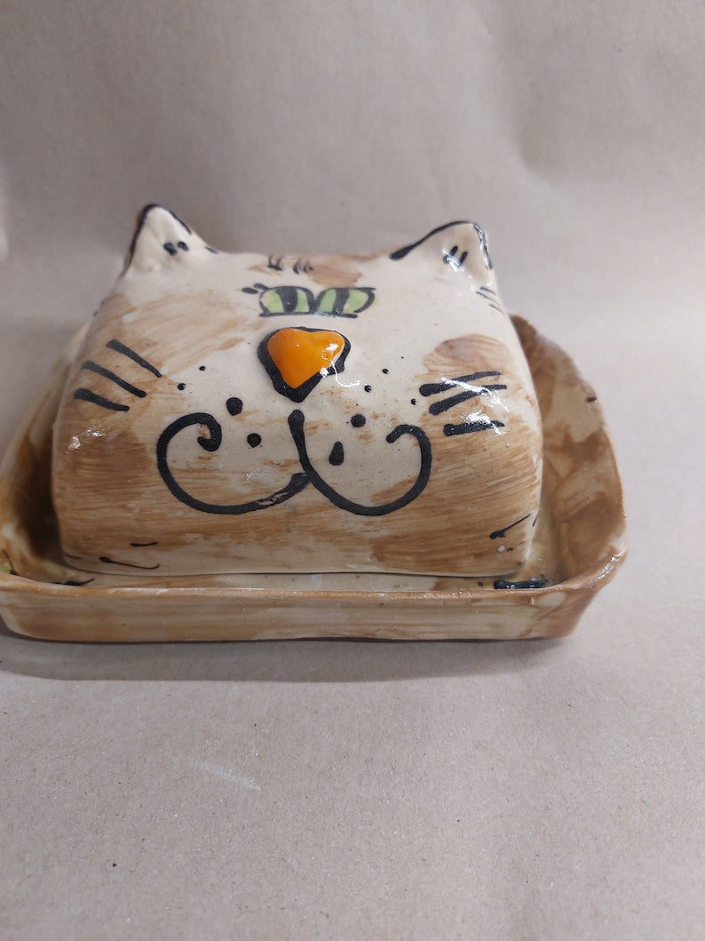 Keramik Butterdose Katze 250g - Handgefertigt, Spülmaschinenfest, Mikrowellengeeignet