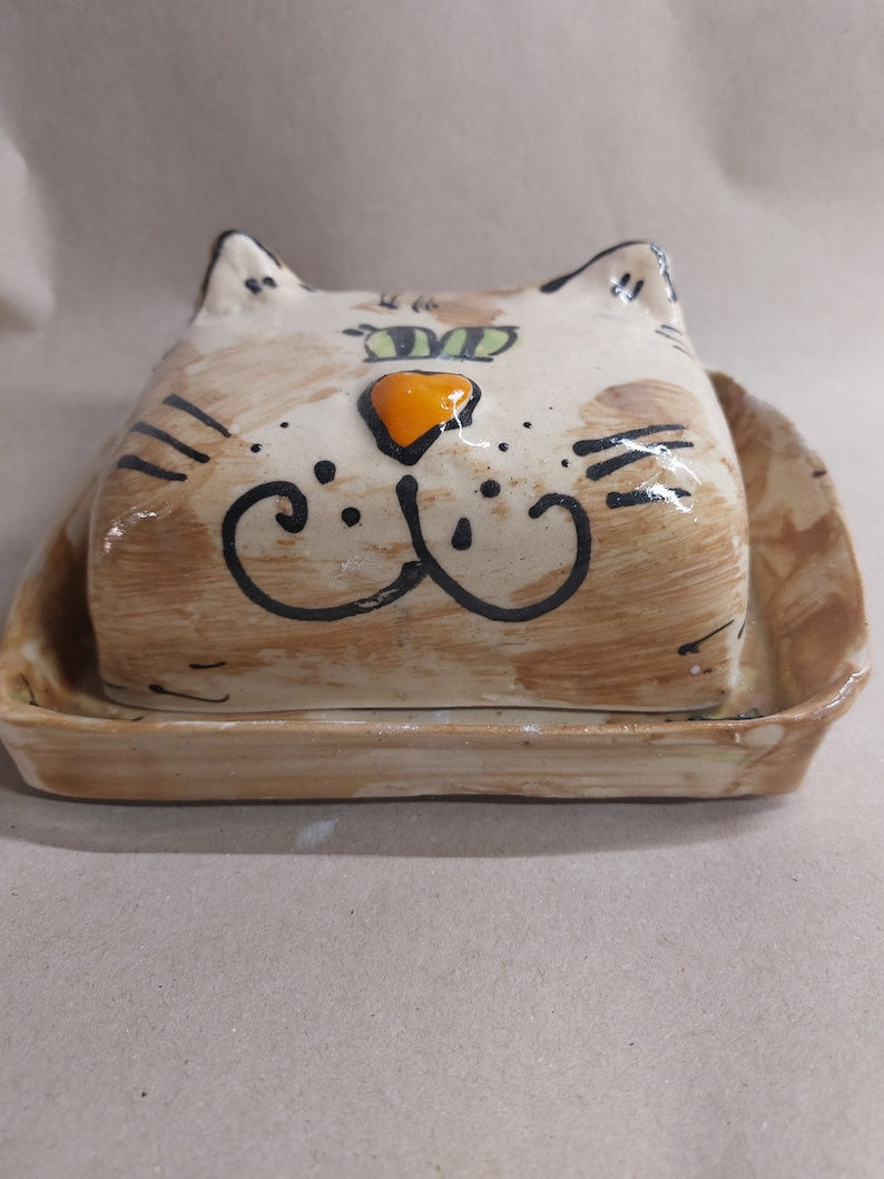 Keramik Butterdose Katze 250g - Handgefertigt, Spülmaschinenfest, Mikrowellengeeignet